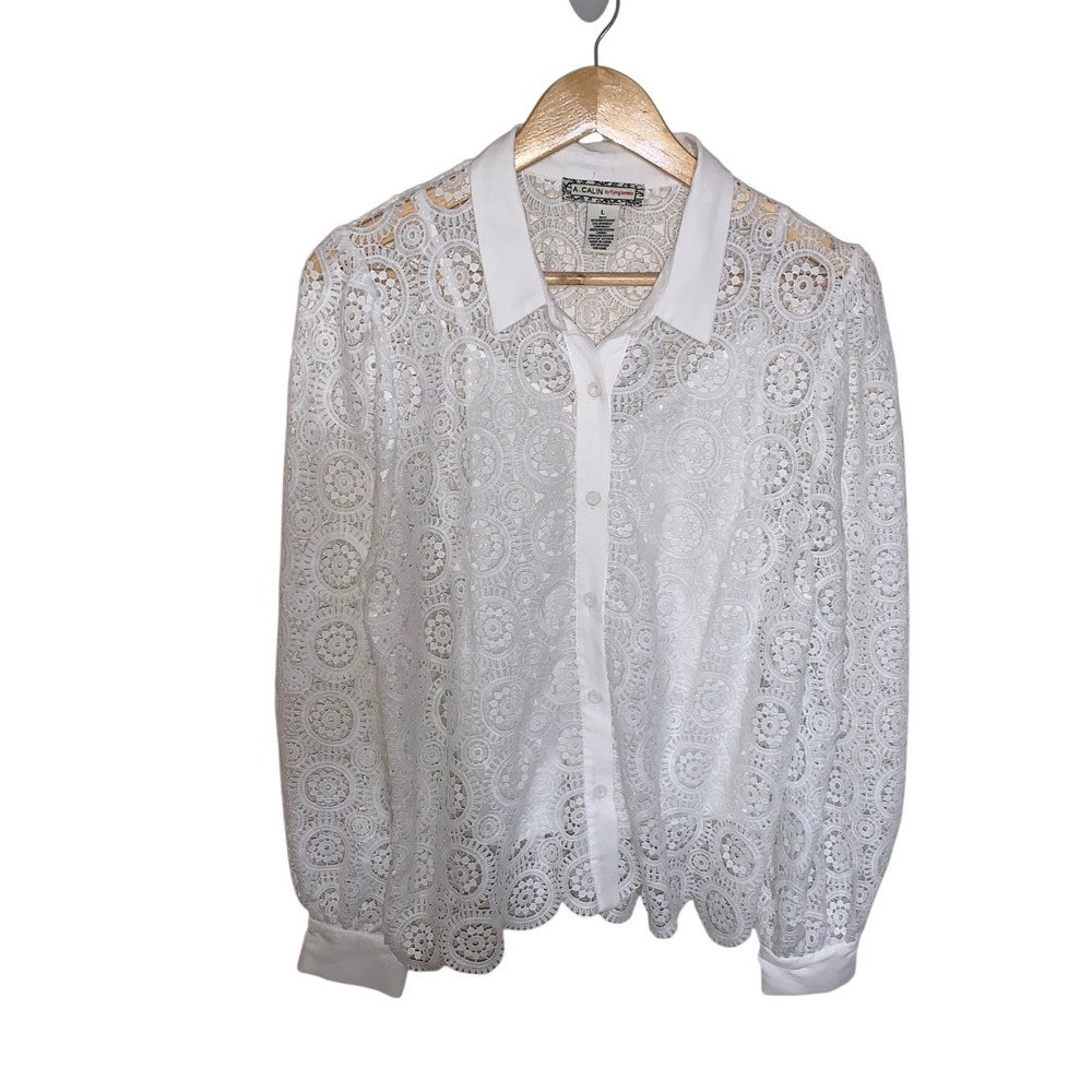 A. Calin by Flying Tomato White Lace Button Down Blouse Large
